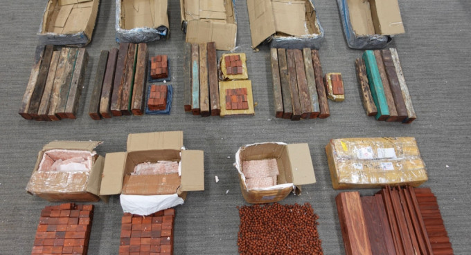 海關檢獲192公斤受管制紫檀木材，市值約100萬元。政府新聞處圖片