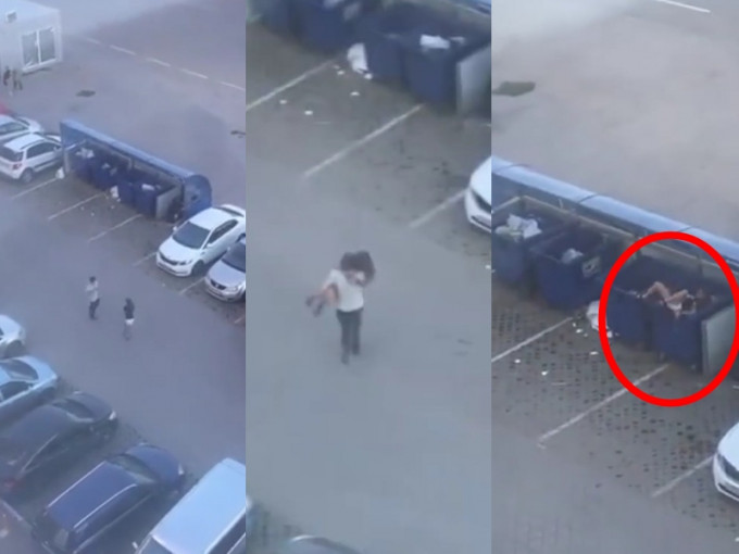 俄羅斯一名男子抱起女友扔進垃圾桶。 影片截圖