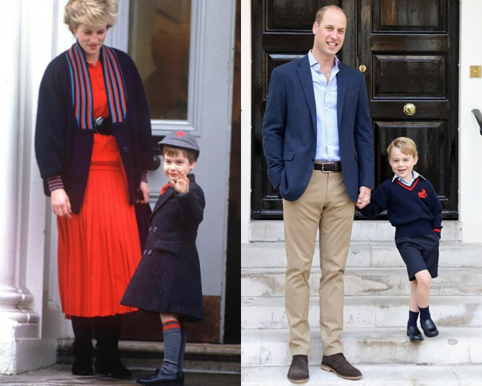 左：威廉王子由戴安娜王妃陪同下開學。而喬治王子則由父親威廉王子送到學校。