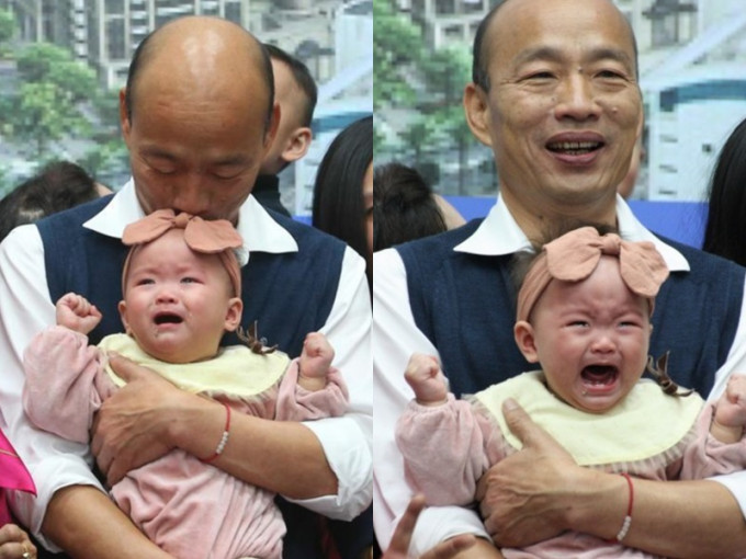 韓國瑜又抱又親哭嬰，行為引起外界批評。網圖