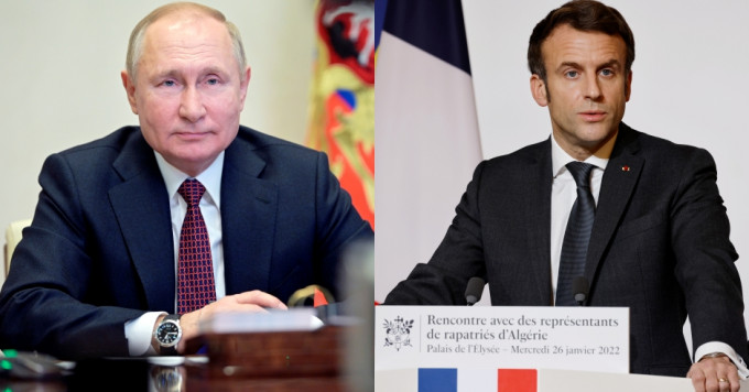 俄罗斯总统普京(左)和法国总统马克龙(右)通话。AP图片