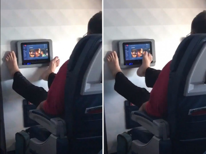 一名男乘客在搭乘飛機時，竟用腳指來滑著座位前方的電視觸控螢幕。　影片截圖