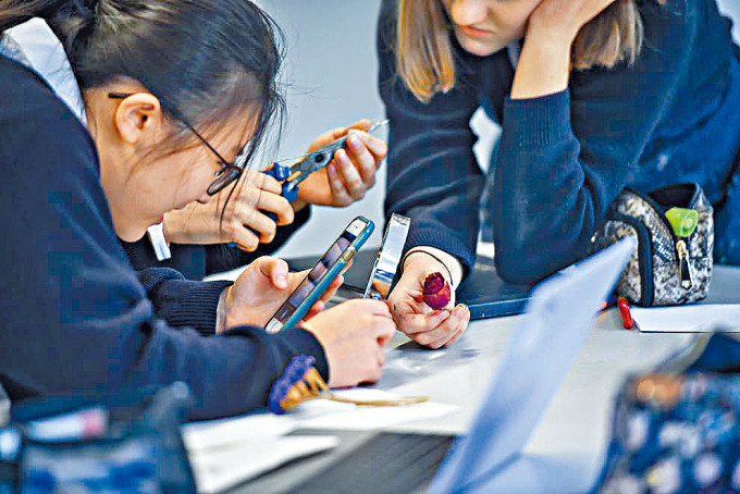 英國學童在校內使用手機。