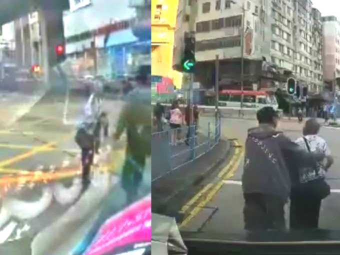 觀塘老婦亂過馬路，司機落車協助遭驅趕。網民Jerry Chan圖片