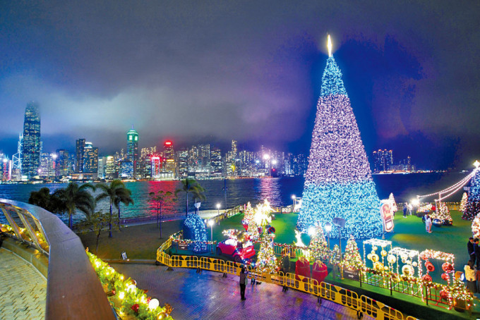 巨型聖誕樹與維港對岸燈光，在漫漫長夜中互相輝映。