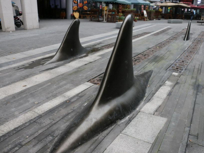 重慶一園區路面驚現鯊魚鰭，防止汽車亂停。（網圖）