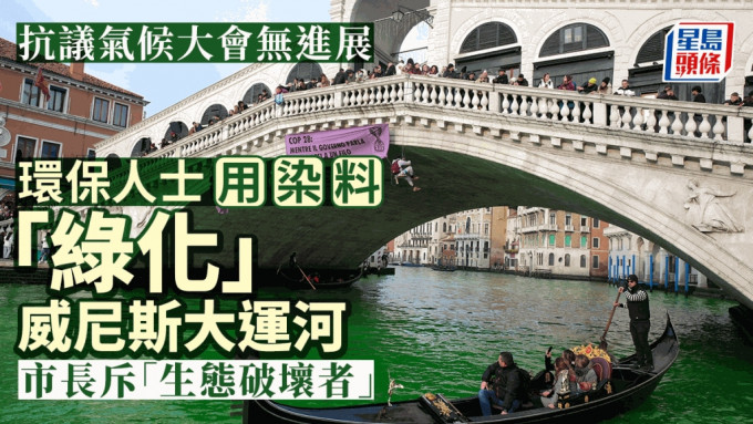 威尼斯大运河遭环保人士染成绿色。 路透社