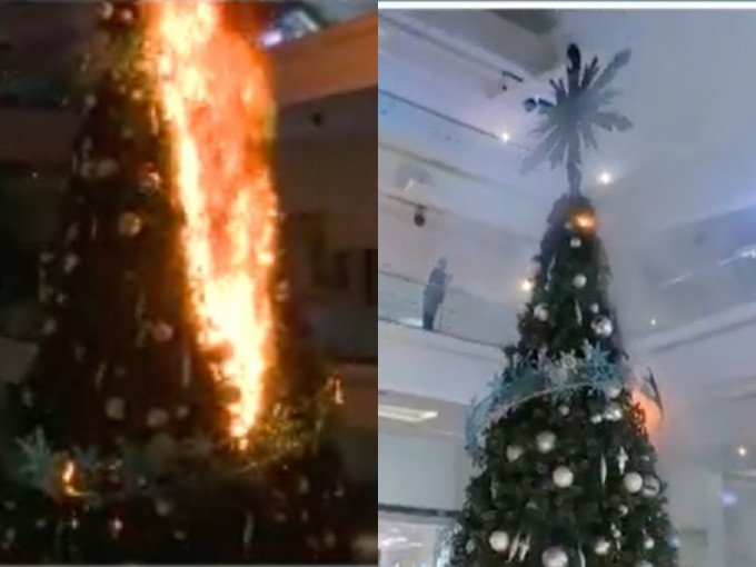 又一城商場的大型聖誕樹糟示威者掟燃燒彈焚燒。now截圖