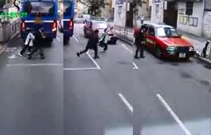 12岁男童冲出马路被的士撞倒，受伤送院。影片截图