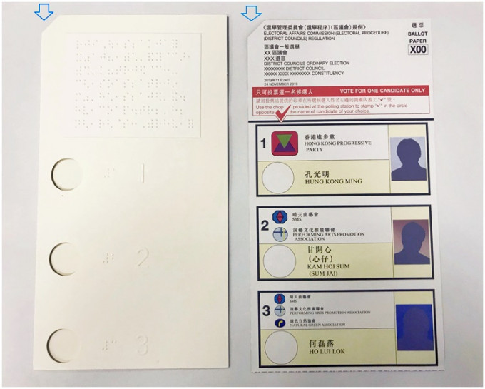 選票正面的左上角都有一個切角（藍色標示），方便視障選民識別選票，是否正確地放入點字模版以供他們自行填畫。