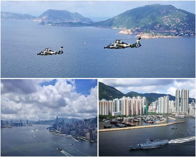 上月「惠州舰」、「钦州舰」和3架直升机在维港上空行联合巡逻。
