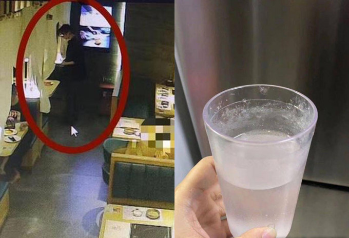 男子在女伴的水杯裡「落藥」，隨後被店員（左）換走水杯並報警。網圖
