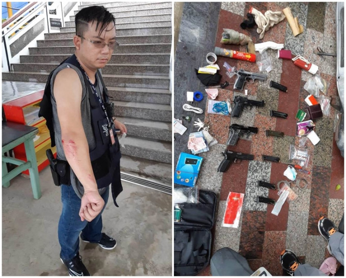 刑事局员警汪俊安(左)手臂受伤。警方在商男袋内搜出4把手枪。(右)