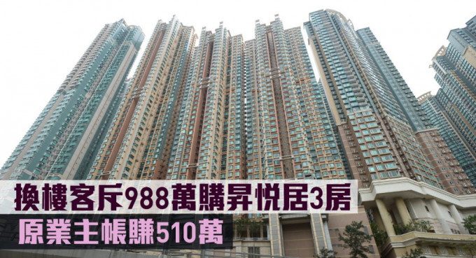 換樓客斥988萬購昇悅居3房，原業主帳賺510萬。