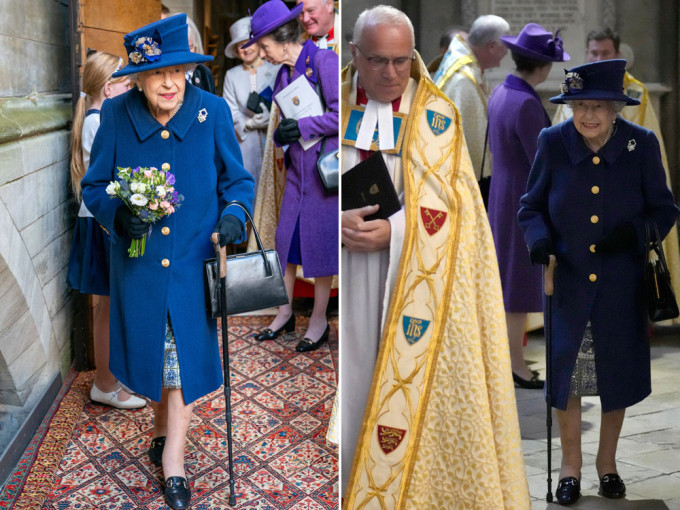 英女皇出席英國皇家軍團一百周年感恩節活動，被拍攝到手持拐杖。AP圖片