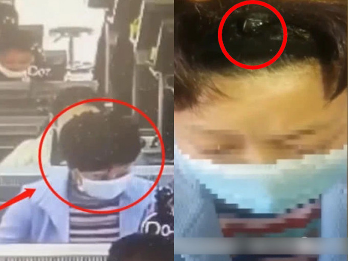 重庆大妈驾驶笔试头冒蓝光，被揭发以高科技假发作弊。(网图)