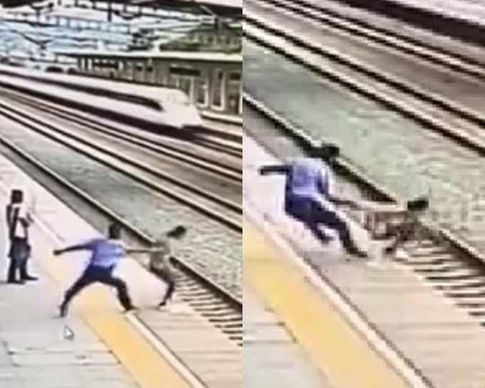 深圳女子企图跳轨自杀，高铁职员及时救回一命。影片截图