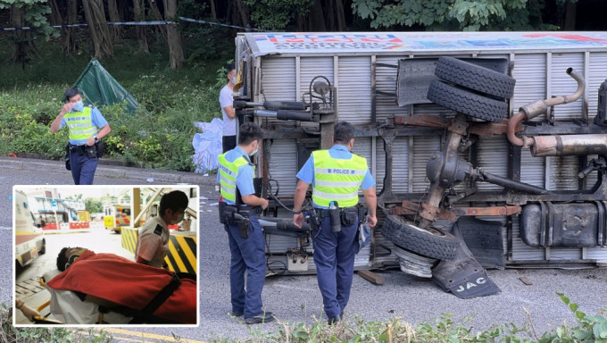 當日貨車翻側在路上，而被告文俊基（小圖）的女友則被拋出車外。資料圖片