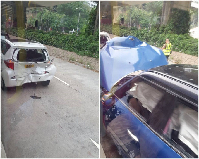 其中涉意外的私家车车头及车尾损毁。图：网民Winson Hung‎