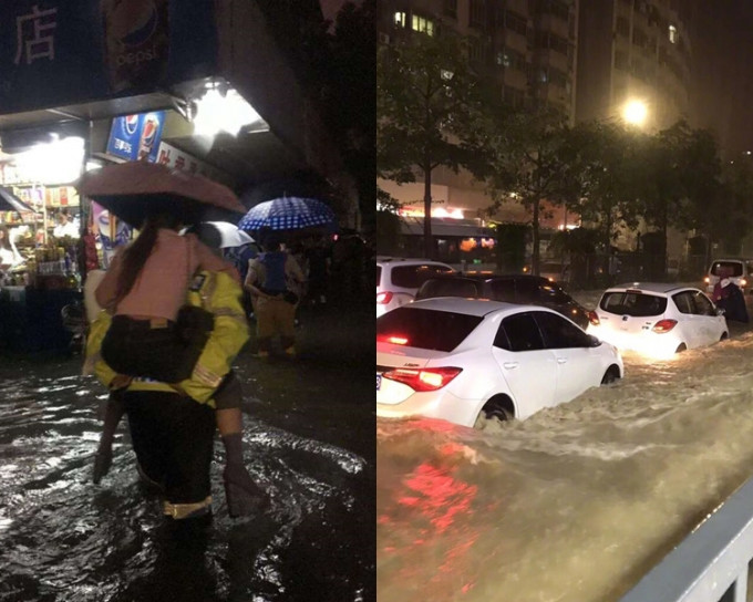 部份马路水浸，更需要出动交警帮忙。微博图片