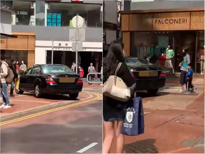 銅鑼灣有私家車駛上行人路。FB群組「馬路的事討論區」影片截圖