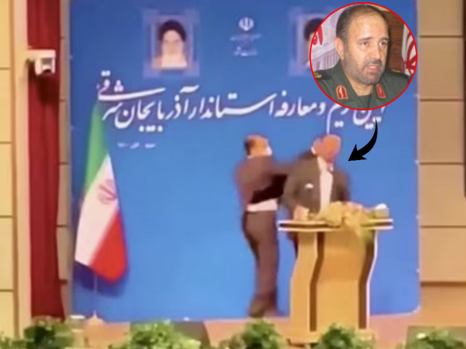 伊朗東亞塞拜然省新任省長霍蘭遭掌摑。 （片段截圖）