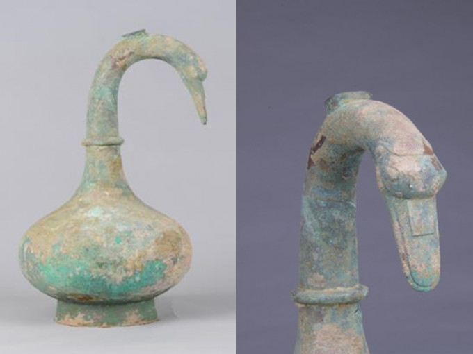 「鹅首曲颈青铜壶」有鹅首、曲颈，造型独特且极为罕见。 三门峡市文物考古研究所图片