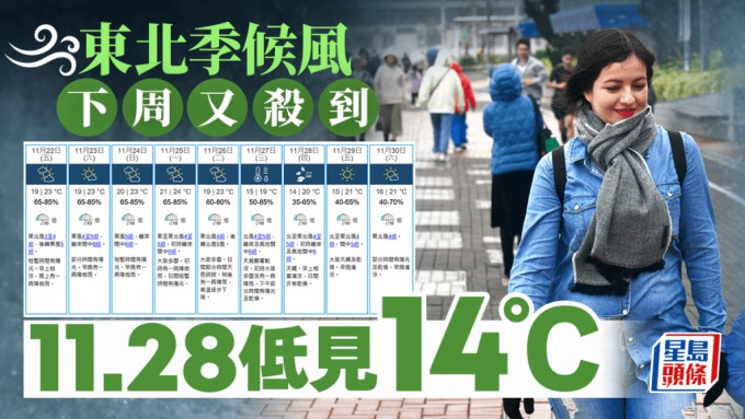 天氣｜東北季候風下周抵港 天文台料下周二一晚急跌8°C  11.28低見14°C