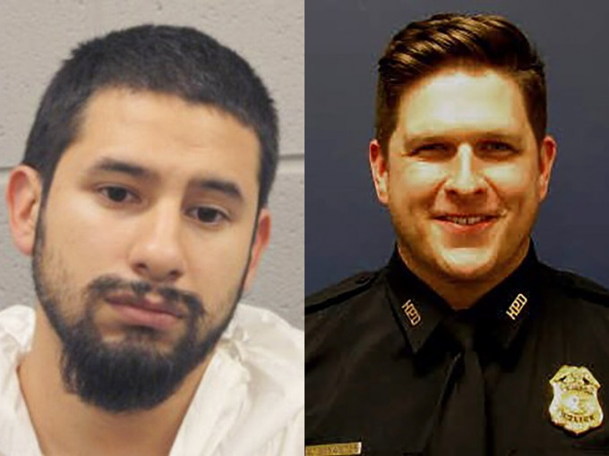 疑犯索里斯（左）開槍擊斃警員布魯斯特（右）。AP