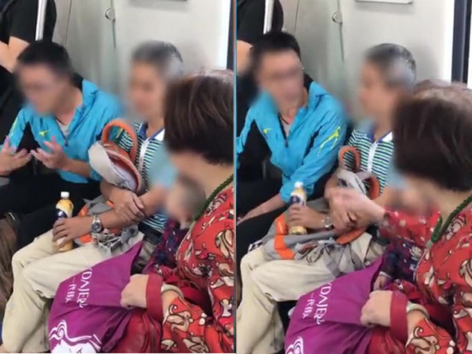 廣州地鐵車廂內一名婆婆與孫兒兩人坐一座位，疑因太擠迫，指摘鄰座乘客不讓座。（網圖）