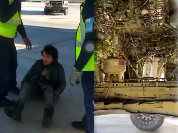 男子落机后摊坐在地；图右为其躲的起落架舱。互联网图片