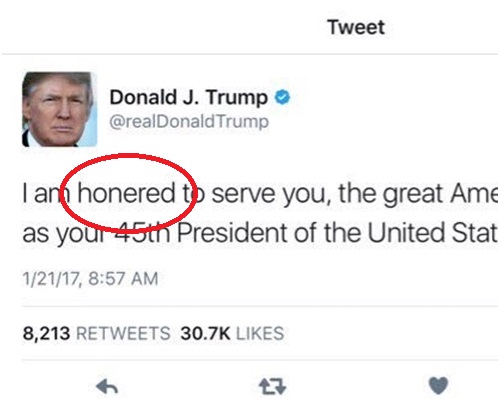 特朗普把榮幸「honoured」寫成「honered」。網圖