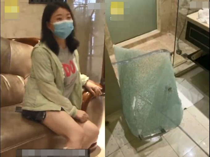 酒店浴室門突然爆裂，令女子身上多處被玻璃割傷。影片截圖