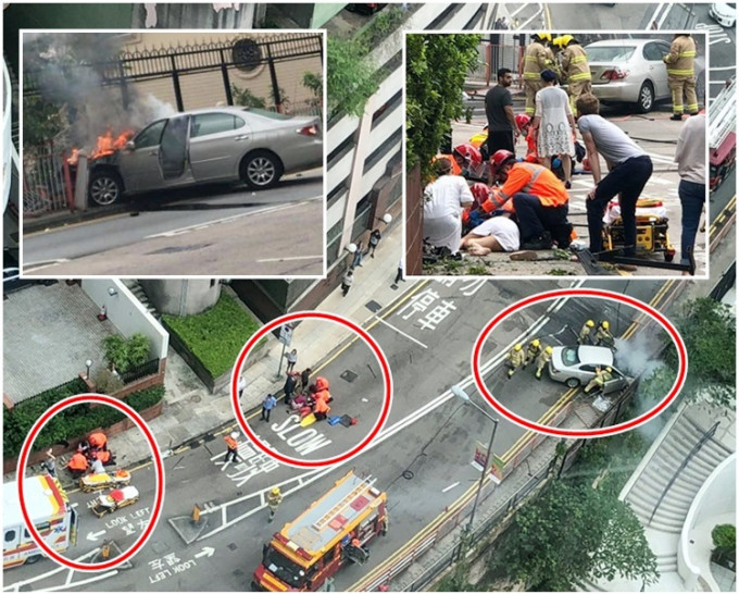 红圈左至右：两名伤者及肇事私家车。图片来源：读者提供；fb小心驾驶kary choi；香港突发事故报料区Cz Chow‎