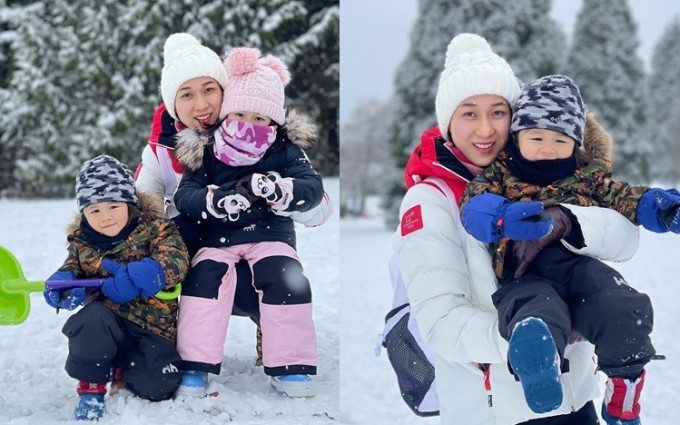 鍾嘉欣最享受親子時光，與子女玩雪好開心。