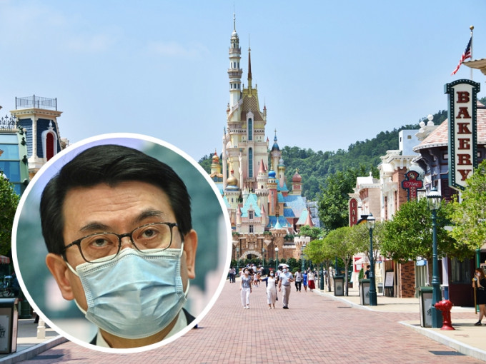 商务及经济发展局局长邱腾华（小图）表示，香港迪士尼乐园目前不需要政府额外拨款资助。资料图片