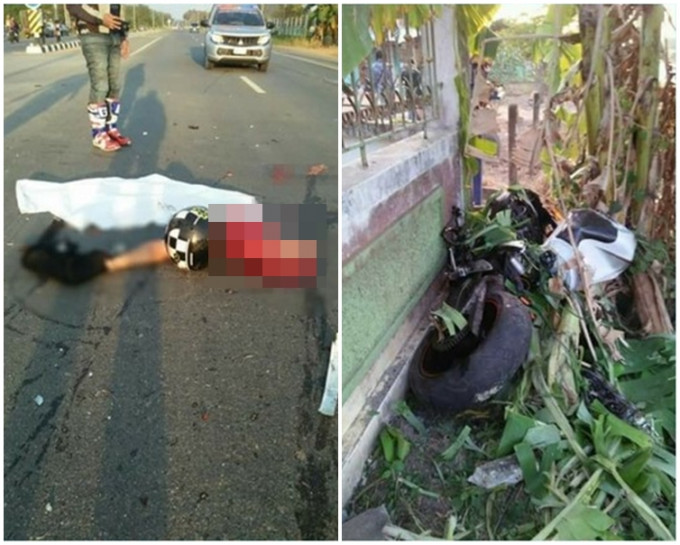 死者遗体断开(左)。电单车残骸被抛出100米外。(右)网图