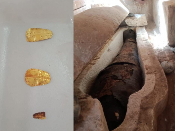 西班牙考古团队在埃及发现的古墓，有遗骸口含金舌。（新华社）