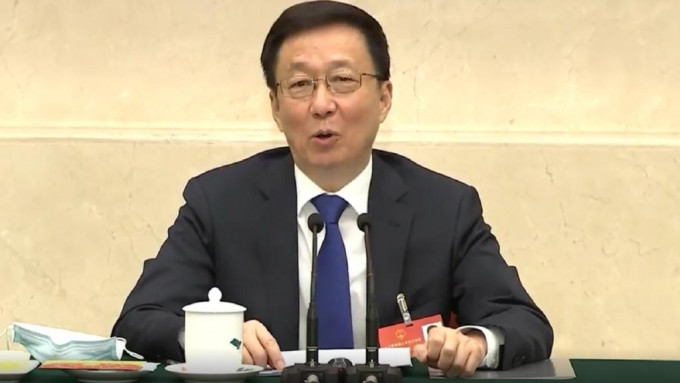 國務院副總理韓正今早分別參加十三屆全國人大五次會議香港及澳門代表團審議。央視截圖