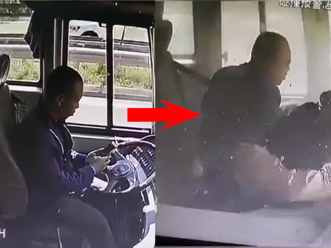 山西旅巴司机在高速公路上低头玩手机（左），引发追尾事故，有乘客飞出座位卡在副驾座。（右）（网图）