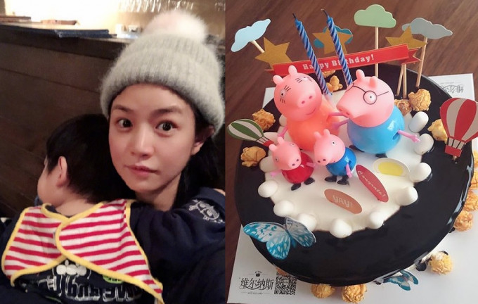 粉紅豬「一家四口」的蛋糕造型裝飾，令陳妍希惹來再懷孕喜訊。陳妍希微博、Ig