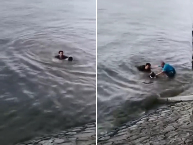 哈尔滨一名年轻男子日前不慎遇溺，幸好获一名戴眼镜的热心男子相救。　影片截图