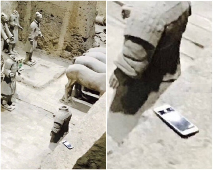 四川成都一名游客近日到陕西西安参观兵马俑时，手机不小心掉落土坑中。网图