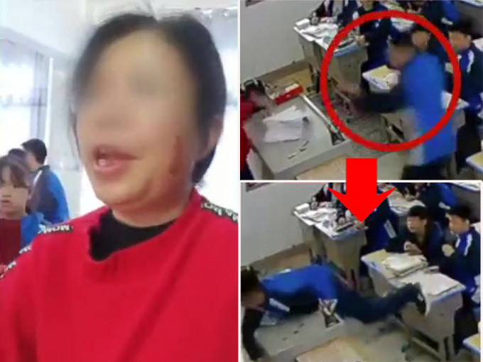 湖南男学生冲上讲台打女老师，女老师脸部受伤留血。