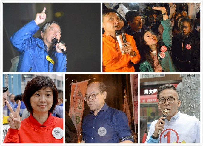 今次补选共有5名候选人，包括陈凯欣（上右）、李卓人（上左）、伍迪希（右下）、冯检基、曾丽文（左下）