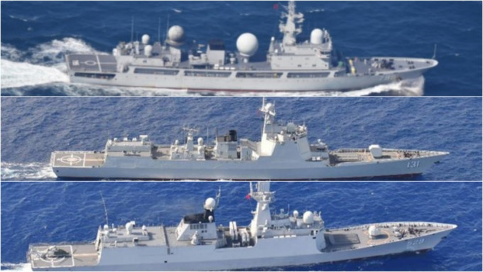 日本防卫省表示，中国海军3艘军舰花约20日，围绕日本列岛航行一周。网图