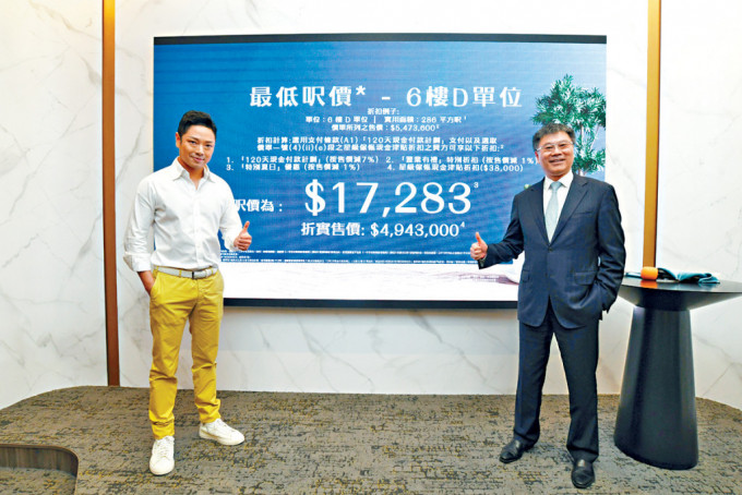 大鸿辉曹展康（左）表示，项目以开放式单位作抽奖奖品。旁为彭伟雄。