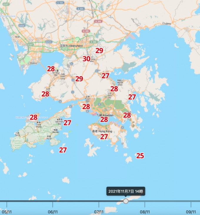 根據天文台的「自動分區天氣預報」，星期日下午2時打鼓嶺氣溫仍然高見29度。天文台