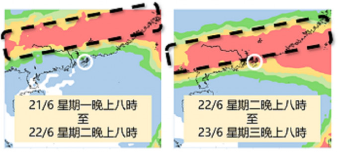 基於歐洲模式的集合預報而製作的顯著降雨概率分布圖。其中偏紅及橙色部分表示24小時累積雨量達到10毫米或以上的機會較高，而黑色虛線表示低壓槽會經過的範圍。白色圈表示香港的位置