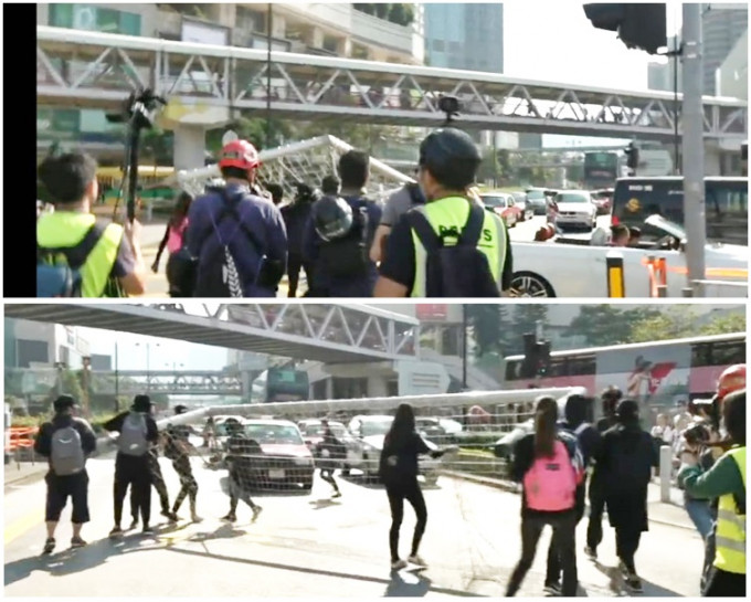 示威者沙嘴道球场搬龙门架堵塞大河道交通。香港电台截图